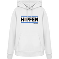 Weißer Hoodie mit modernem Hopfen-Frontprint in Blau und Schwarz von Grantler Gwand.