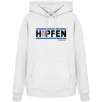 Weißer Hoodie mit modernem Hopfen-Frontprint in Blau und Schwarz von Grantler Gwand.