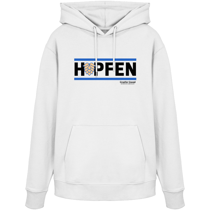 Weißer Hoodie mit modernem Hopfen-Frontprint in Blau und Schwarz von Grantler Gwand.