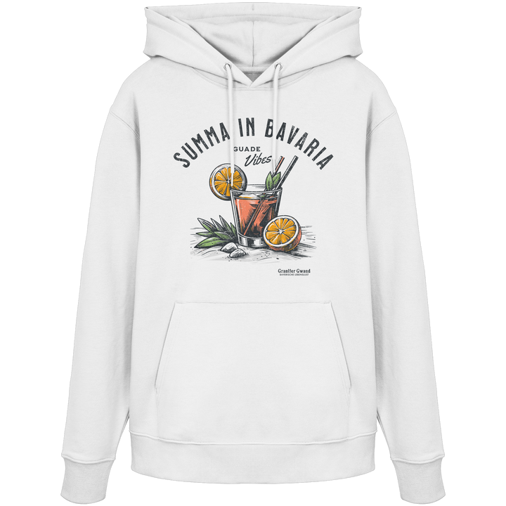 Weißer Hoodie mit Frontprint „Summa in Bavaria – Guade Vibes“ und sommerlichem Cocktail-Motiv im Vintage-Stil.