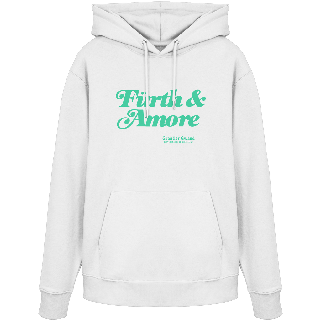 Weißer Unisex Hoodie mit grünem „Fürth & Amore“-Frontprint – bayerische Streetwear von Grantler Gwand im modernen, minimalistischen Look.