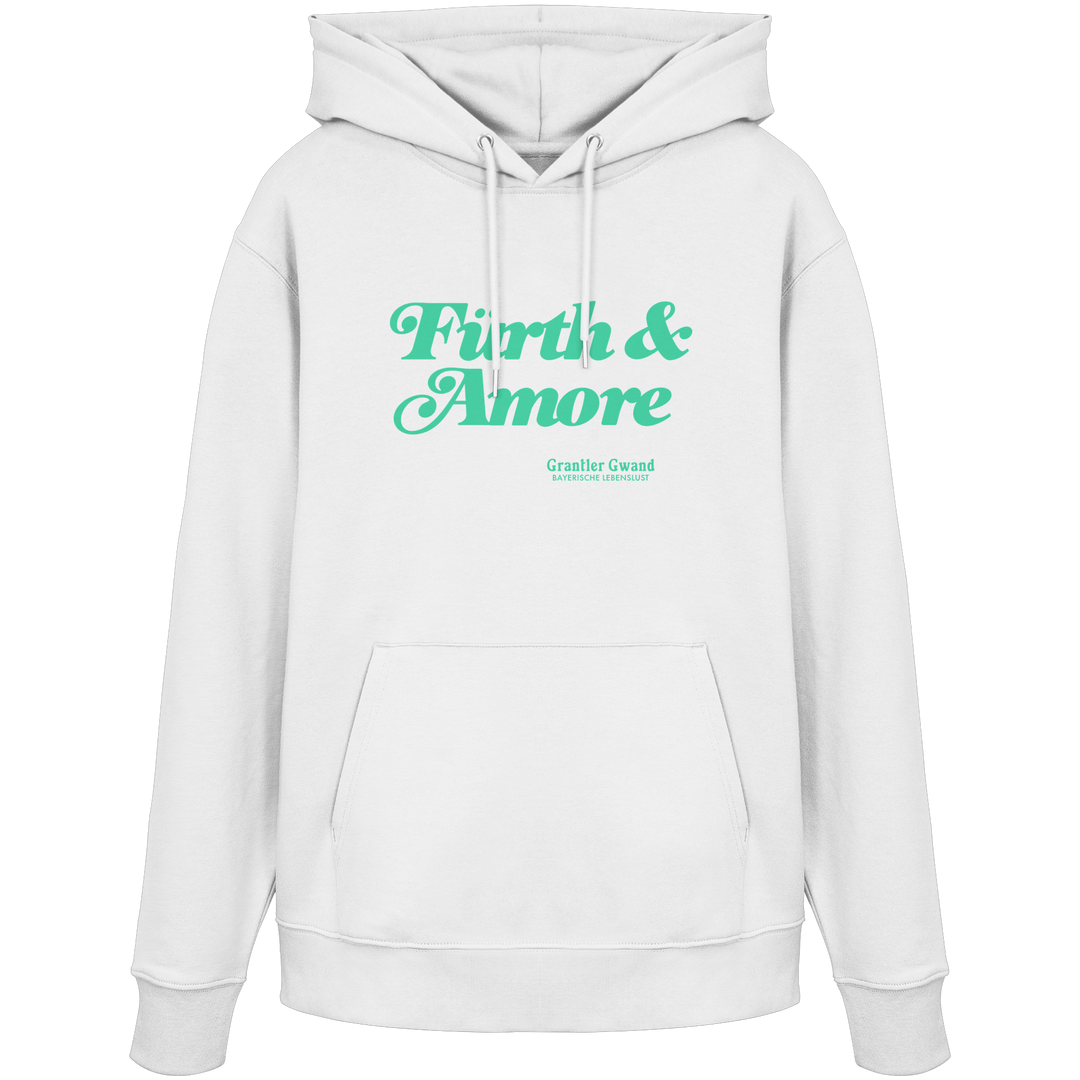 Weißer Unisex Hoodie mit grünem „Fürth & Amore“-Frontprint – bayerische Streetwear von Grantler Gwand im modernen, minimalistischen Look.
