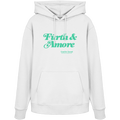 Weißer Unisex Hoodie mit grünem „Fürth & Amore“-Frontprint – bayerische Streetwear von Grantler Gwand im modernen, minimalistischen Look.