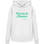 Weißer Unisex Hoodie mit grünem „Fürth & Amore“-Frontprint – bayerische Streetwear von Grantler Gwand im modernen, minimalistischen Look.