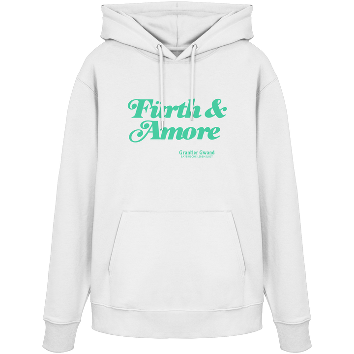 Weißer Unisex Hoodie mit grünem „Fürth &amp; Amore“-Frontprint – bayerische Streetwear von Grantler Gwand im modernen, minimalistischen Look.