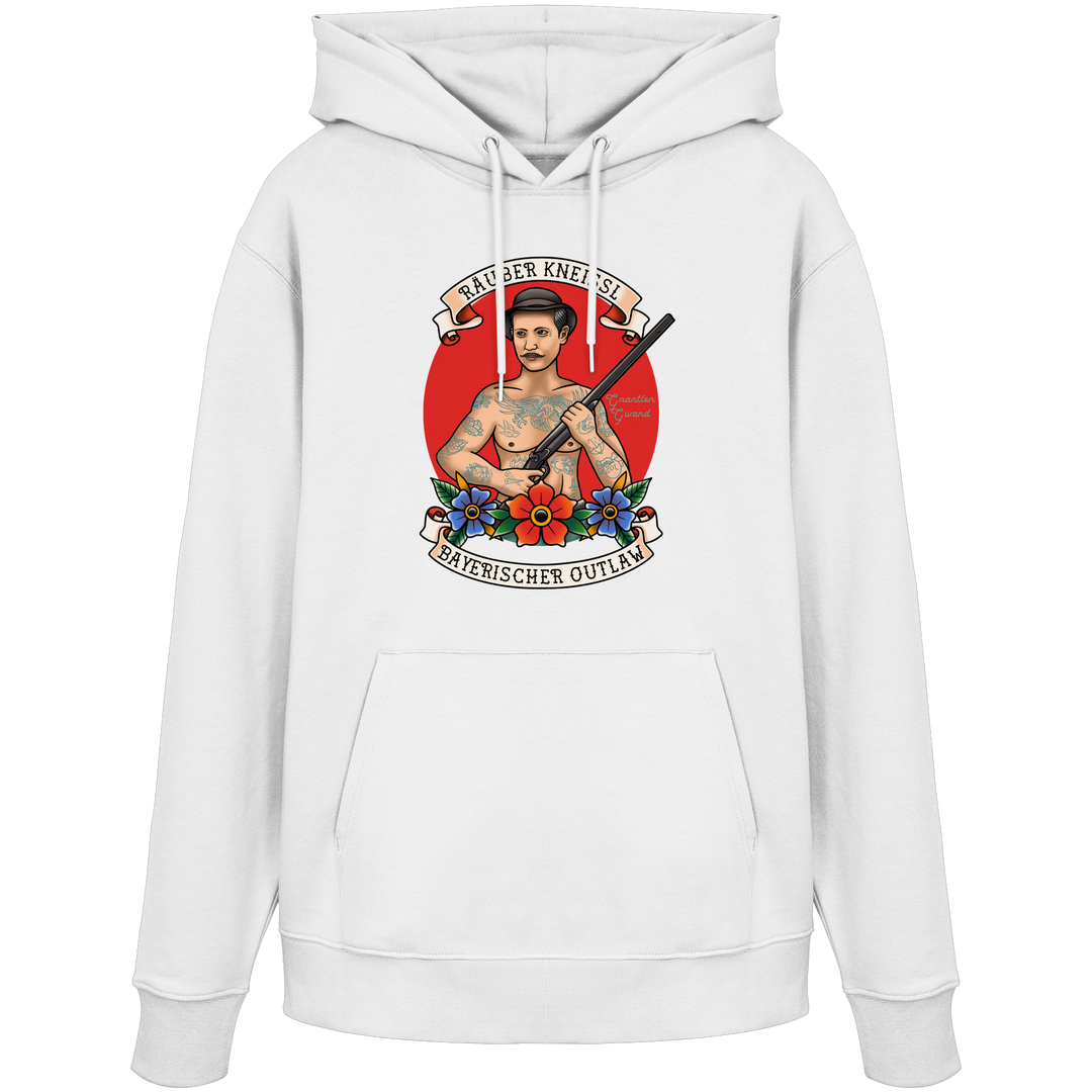 Weißer Räuber Kneissl Unisex Hoodie mit markantem Frontprint im Tattoo-Style. Unisex Kapuzenpullover aus Baumwollmischung mit bayerischem Motiv. Streetwear Hoodie, designed und bedruckt in Bayern von Grantler Gwand.