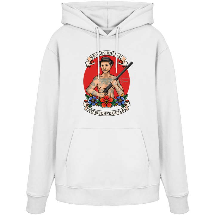 Weißer Räuber Kneissl Unisex Hoodie mit markantem Frontprint im Tattoo-Style. Unisex Kapuzenpullover aus Baumwollmischung mit bayerischem Motiv. Streetwear Hoodie, designed und bedruckt in Bayern von Grantler Gwand.