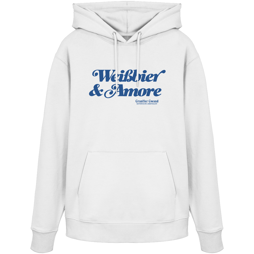 Weißer Unisex-Hoodie mit blauem Frontprint „Weißbier & Amore“. Moderner Hoodie mit bayerischem Statement für Biergarten, Volksfest und Alltag. Hochwertige Qualität, designed und bedruckt in Bayern von Grantler Gwand.