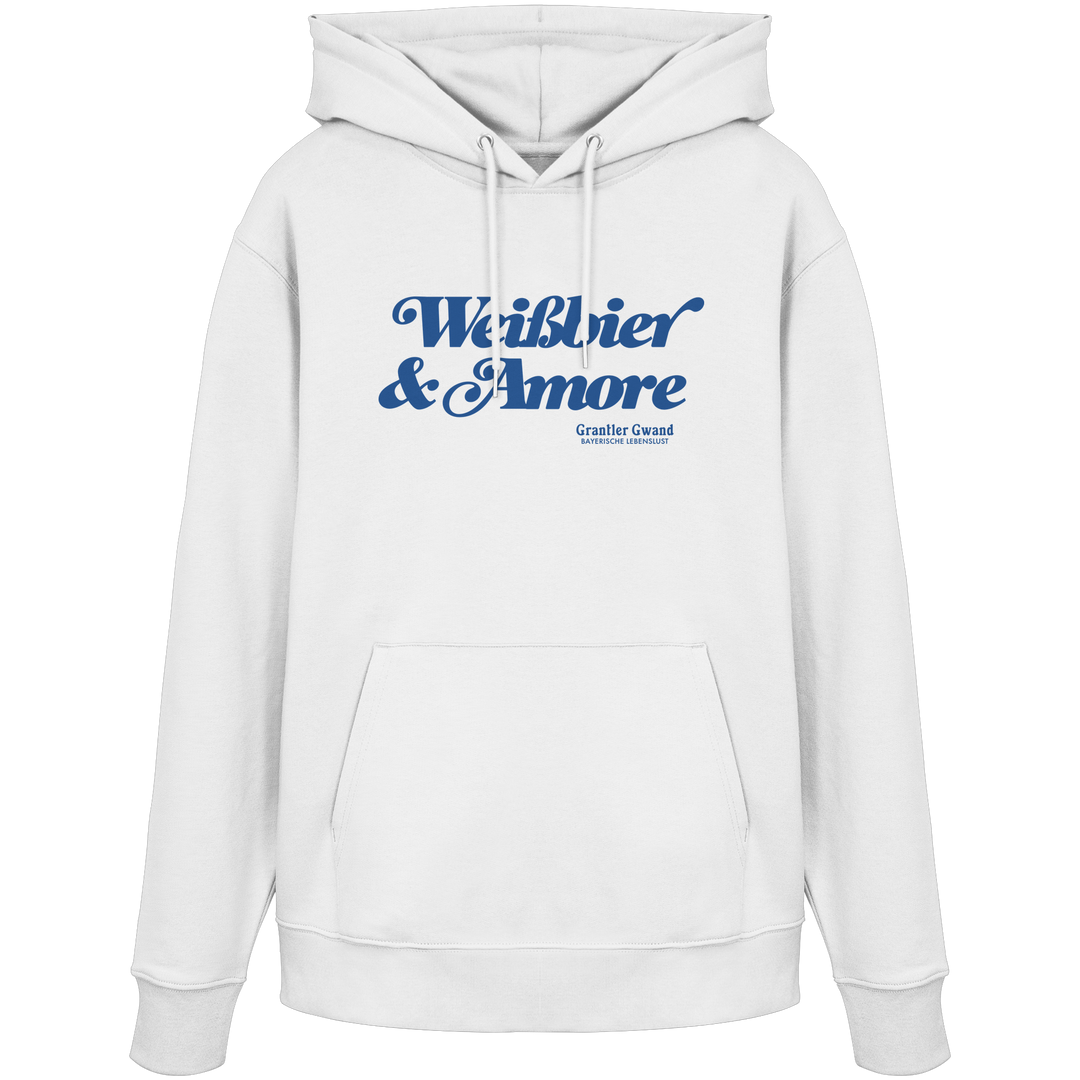 Weißer Unisex-Hoodie mit blauem Frontprint „Weißbier &amp; Amore“. Moderner Hoodie mit bayerischem Statement für Biergarten, Volksfest und Alltag. Hochwertige Qualität, designed und bedruckt in Bayern von Grantler Gwand.