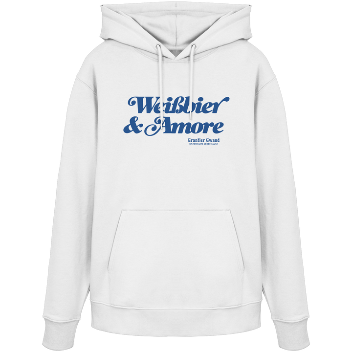Weißer Unisex-Hoodie mit blauem Frontprint „Weißbier &amp; Amore“. Moderner Hoodie mit bayerischem Statement für Biergarten, Volksfest und Alltag. Hochwertige Qualität, designed und bedruckt in Bayern von Grantler Gwand.