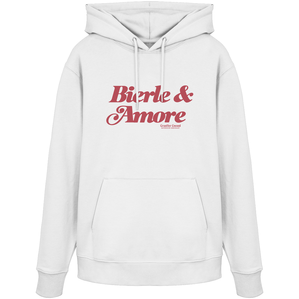 Weißer Unisex Hoodie mit rotem „Bierle & Amore“-Frontprint – bayerische Streetwear von Grantler Gwand im modernen, minimalistischen Look.