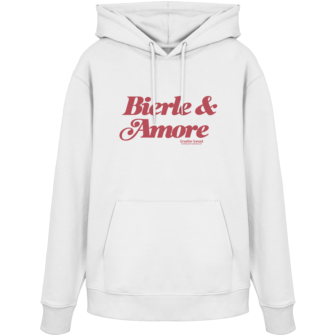 Weißer Unisex Hoodie mit rotem „Bierle & Amore“-Frontprint – bayerische Streetwear von Grantler Gwand im modernen, minimalistischen Look.
