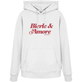 Weißer Unisex Hoodie mit rotem „Bierle & Amore“-Frontprint – bayerische Streetwear von Grantler Gwand im modernen, minimalistischen Look.