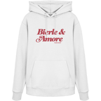 Weißer Unisex Hoodie mit rotem „Bierle & Amore“-Frontprint – bayerische Streetwear von Grantler Gwand im modernen, minimalistischen Look.