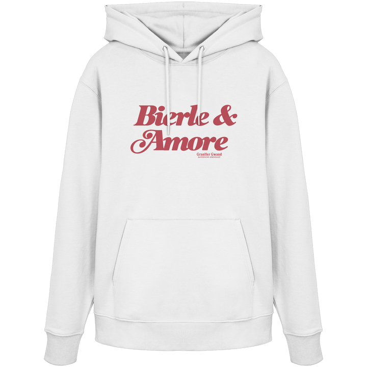 Weißer Unisex Hoodie mit rotem „Bierle &amp; Amore“-Frontprint – bayerische Streetwear von Grantler Gwand im modernen, minimalistischen Look.