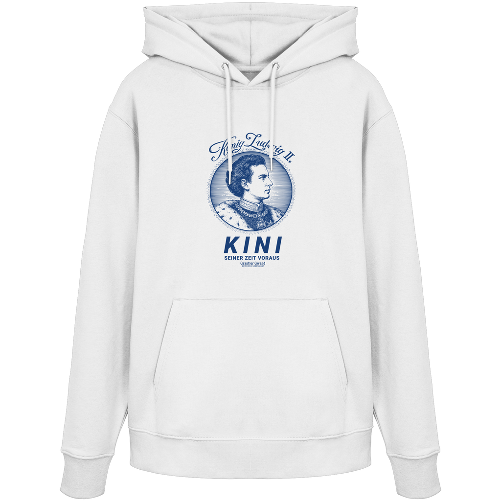 „Weißer Unisex Hoodie mit blauem Frontprint 'Kini – Seiner Zeit voraus' und Vintage-Illustration von König Ludwig II. im modernen Streetwear-Stil von Grantler Gwand.“