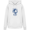 „Weißer Unisex Hoodie mit blauem Frontprint 'Kini – Seiner Zeit voraus' und Vintage-Illustration von König Ludwig II. im modernen Streetwear-Stil von Grantler Gwand.“