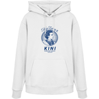 „Weißer Unisex Hoodie mit blauem Frontprint 'Kini – Seiner Zeit voraus' und Vintage-Illustration von König Ludwig II. im modernen Streetwear-Stil von Grantler Gwand.“