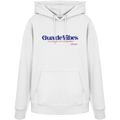 Weißer Unisex Hoodie mit blauem Frontprint „Guade Vibes – Ois andere is a Schmarrn“ – bayerischer Streetwear Hoodie mit modernem Dialekt-Spruch von Grantler Gwand.