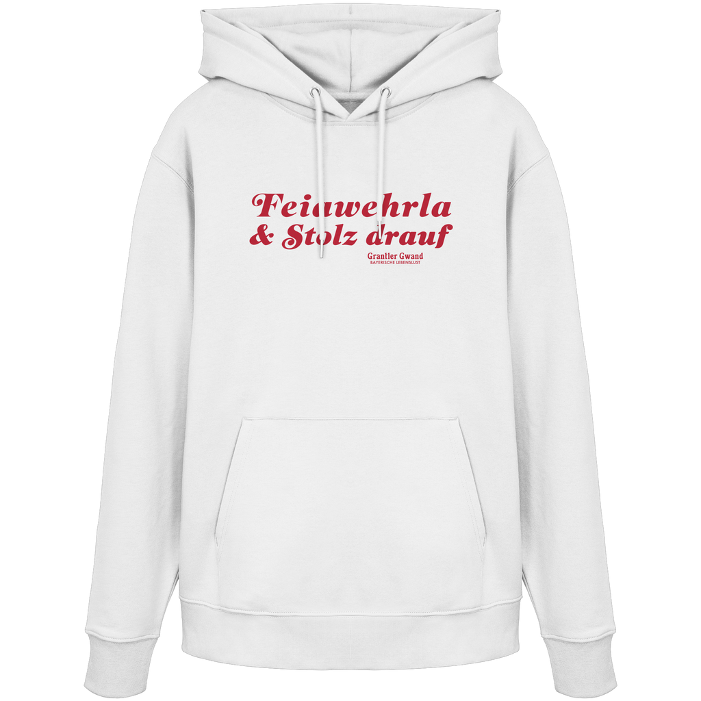 Weißer Unisex-Hoodie mit rotem Frontprint „Feiawehrla & Stolz drauf“. Minimalistisches bayerisches Streetwear-Design für Feuerwehrfans. Hochwertiger Premium-Hoodie für Damen und Herren, designed und bedruckt in Bayern von Grantler Gwand.