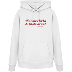 Weißer Unisex-Hoodie mit rotem Frontprint „Feiawehrla & Stolz drauf“. Minimalistisches bayerisches Streetwear-Design für Feuerwehrfans. Hochwertiger Premium-Hoodie für Damen und Herren, designed und bedruckt in Bayern von Grantler Gwand.