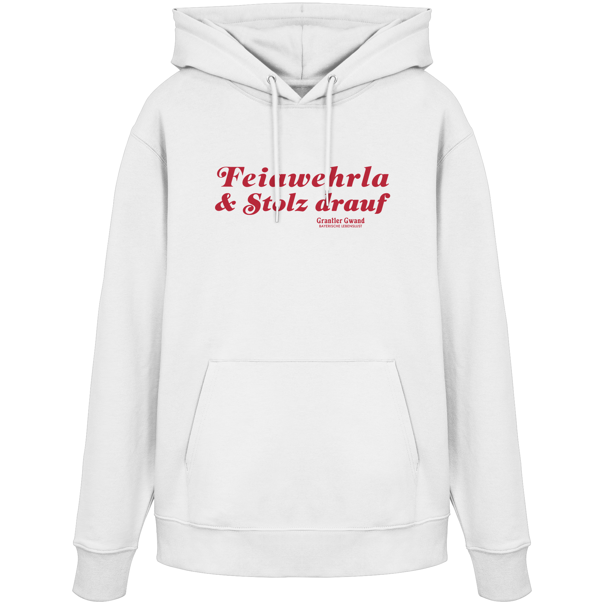 Weißer Unisex-Hoodie mit rotem Frontprint „Feiawehrla & Stolz drauf“. Minimalistisches bayerisches Streetwear-Design für Feuerwehrfans. Hochwertiger Premium-Hoodie für Damen und Herren, designed und bedruckt in Bayern von Grantler Gwand.