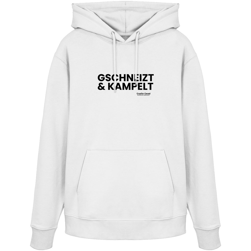 Weißer Hoodie mit schwarzem Frontprint „Gschneizt & Kampelt“. Moderner Unisex-Hoodie mit bayerischem Dialekt im minimalistischen Streetwear-Design für Volksfest, Biergarten und Alltag. Hochwertige Qualität, designed und bedruckt in Bayern von Grantler Gwand.