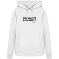 Weißer Hoodie mit schwarzem Frontprint „Gschneizt & Kampelt“. Moderner Unisex-Hoodie mit bayerischem Dialekt im minimalistischen Streetwear-Design für Volksfest, Biergarten und Alltag. Hochwertige Qualität, designed und bedruckt in Bayern von Grantler Gwand.