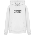 Weißer Hoodie mit schwarzem Frontprint „Gschneizt & Kampelt“. Moderner Unisex-Hoodie mit bayerischem Dialekt im minimalistischen Streetwear-Design für Volksfest, Biergarten und Alltag. Hochwertige Qualität, designed und bedruckt in Bayern von Grantler Gwand.
