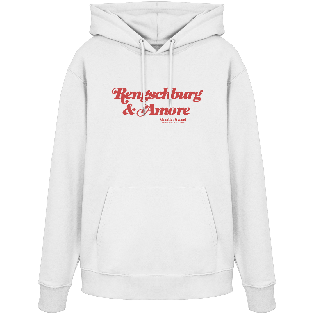 Weißer Unisex Hoodie von Grantler Gwand mit rotem Frontprint „Regensburg &amp; Amore“ im Retro-Schriftzug – bayerischer Streetwear Hoodie für Regensburg, Donau und Alltag.
