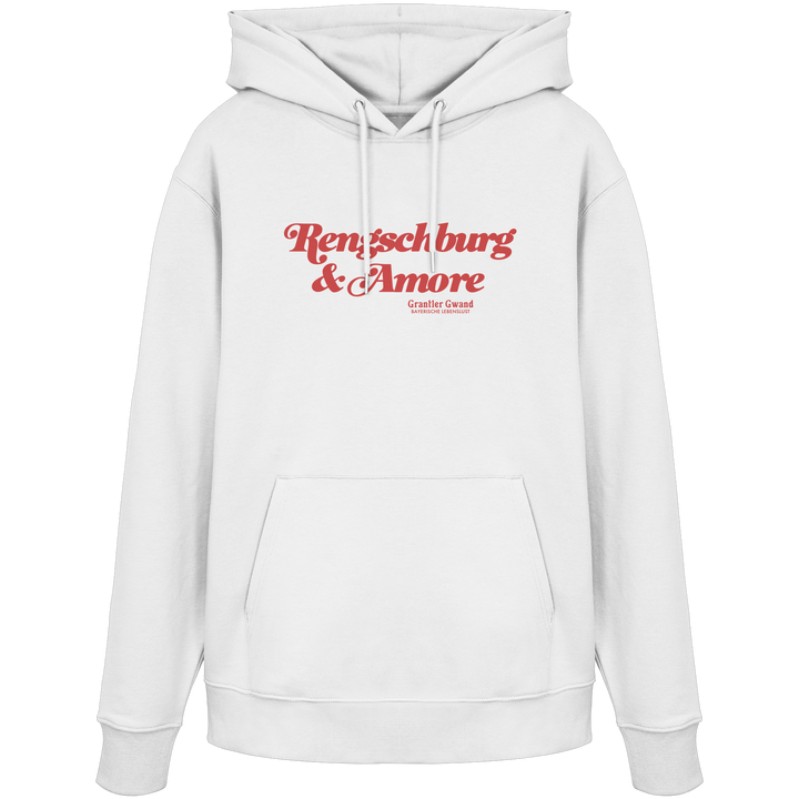 Weißer Unisex Hoodie von Grantler Gwand mit rotem Frontprint „Regensburg &amp; Amore“ im Retro-Schriftzug – bayerischer Streetwear Hoodie für Regensburg, Donau und Alltag.