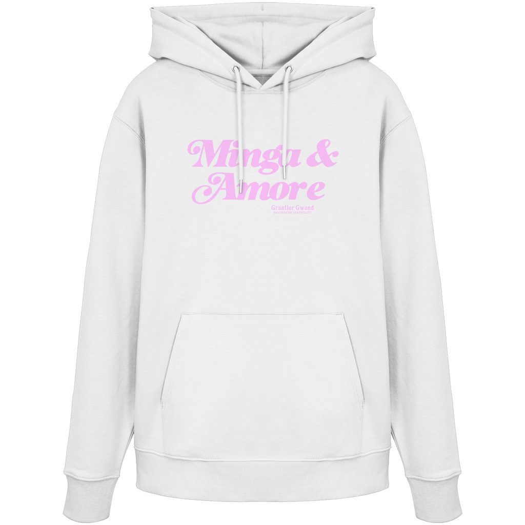 Weißer Unisex Hoodie mit rosa Frontprint „Minga & Amore“ im Retro-Schriftzug – moderner Bayern Hoodie mit italienischem Flair von Grantler Gwand.