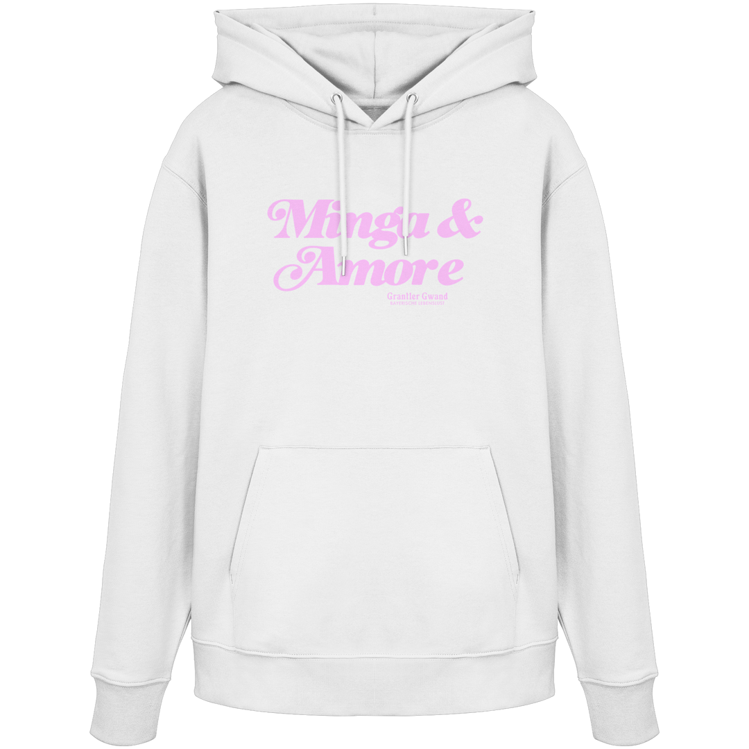 Weißer Unisex Hoodie mit rosa Frontprint „Minga &amp; Amore“ im Retro-Schriftzug – moderner Bayern Hoodie mit italienischem Flair von Grantler Gwand.