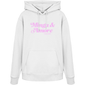 Weißer Unisex Hoodie mit rosa Frontprint „Minga & Amore“ im Retro-Schriftzug – moderner Bayern Hoodie mit italienischem Flair von Grantler Gwand.
