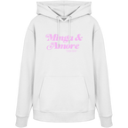 Weißer Unisex Hoodie mit rosa Frontprint „Minga & Amore“ im Retro-Schriftzug – moderner Bayern Hoodie mit italienischem Flair von Grantler Gwand.