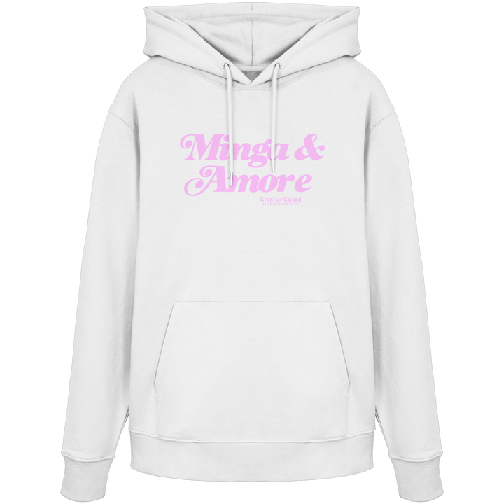 Weißer Unisex Hoodie mit rosa Frontprint „Minga &amp; Amore“ im Retro-Schriftzug – moderner Bayern Hoodie mit italienischem Flair von Grantler Gwand.