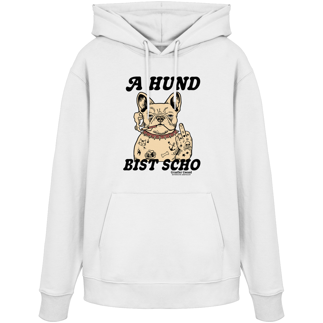 Weißer Unisex Hoodie mit Frontprint „A Hund bist scho“ und Bulldoggen-Motiv im Vintage-Stil – bayerischer Statement-Hoodie von Grantler Gwand.