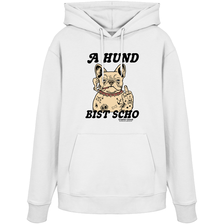 Weißer Unisex Hoodie mit Frontprint „A Hund bist scho“ und Bulldoggen-Motiv im Vintage-Stil – bayerischer Statement-Hoodie von Grantler Gwand.