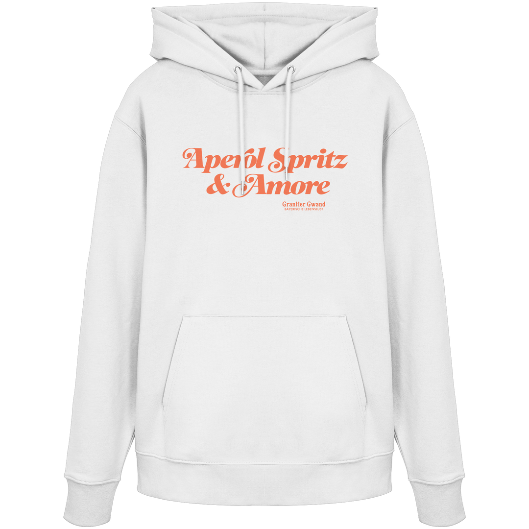 Weißer Hoodie mit orangefarbenem Schriftzug "Aperol Spritz & Amore" im minimalistischen Streetwear-Design von Grantler Gwand.