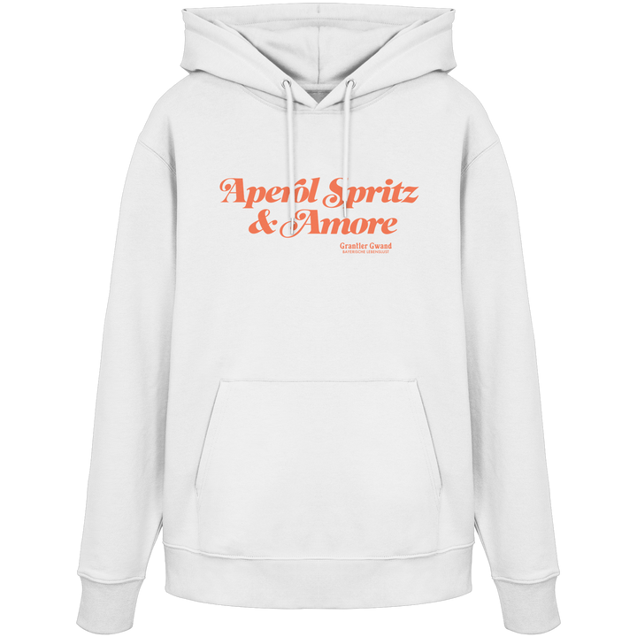 Weißer Hoodie mit orangefarbenem Schriftzug "Aperol Spritz &amp; Amore" im minimalistischen Streetwear-Design von Grantler Gwand.