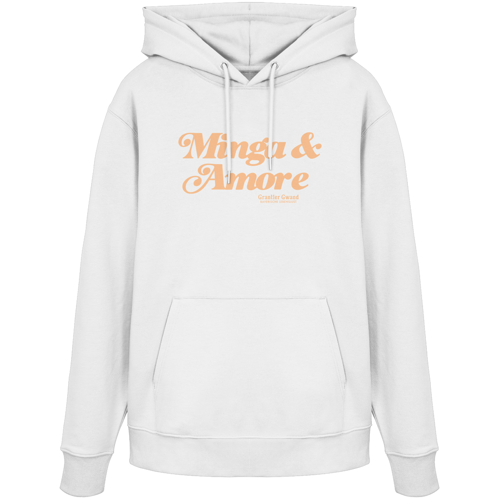 Weißer Unisex Hoodie von Grantler Gwand mit apricotfarbenem Frontprint „Minga & Amore“ im Retro-Schriftzug – bayerischer Streetwear Hoodie für Alltag, Biergarten und München.