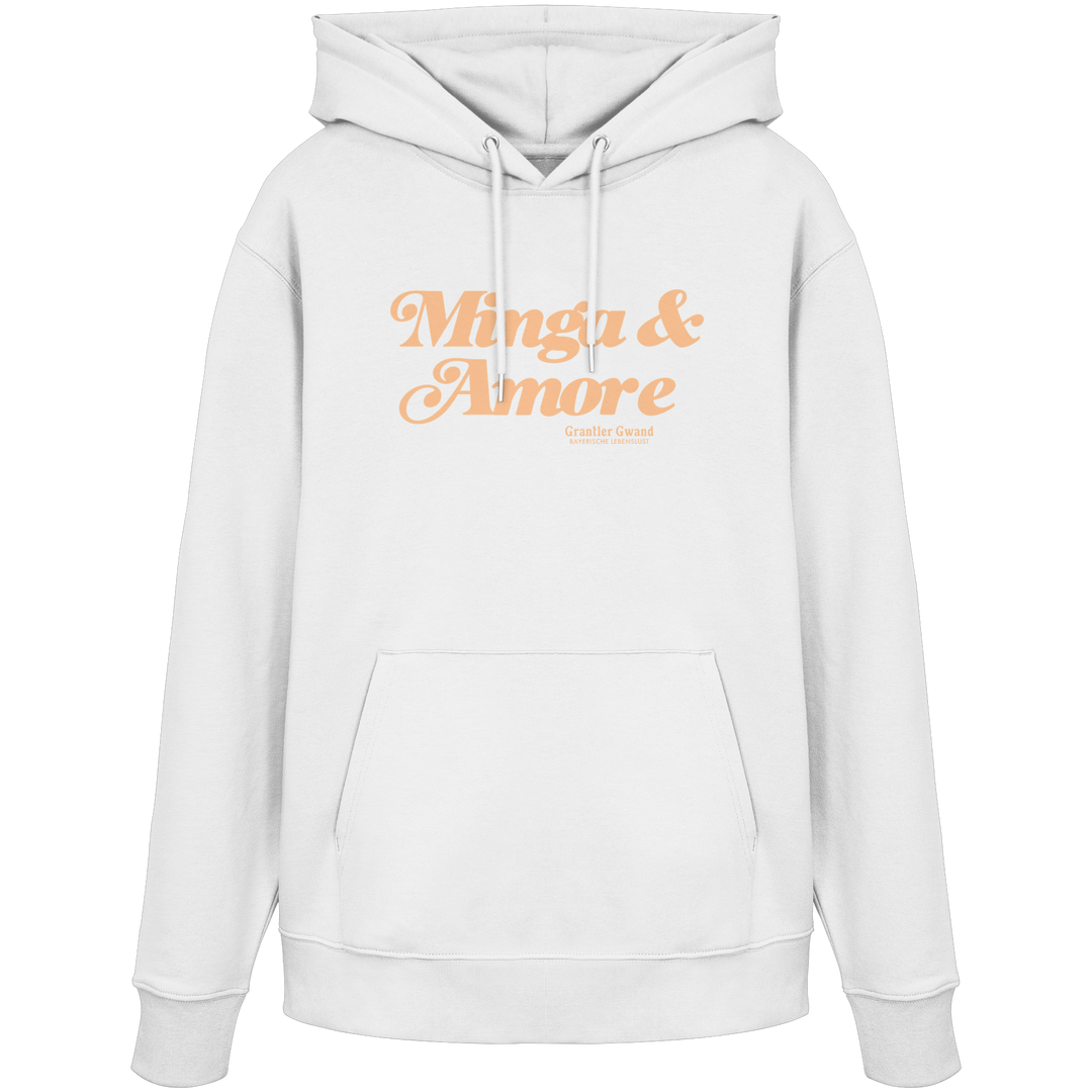 Weißer Unisex Hoodie von Grantler Gwand mit apricotfarbenem Frontprint „Minga &amp; Amore“ im Retro-Schriftzug – bayerischer Streetwear Hoodie für Alltag, Biergarten und München.