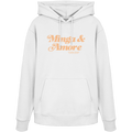 Weißer Unisex Hoodie von Grantler Gwand mit apricotfarbenem Frontprint „Minga & Amore“ im Retro-Schriftzug – bayerischer Streetwear Hoodie für Alltag, Biergarten und München.