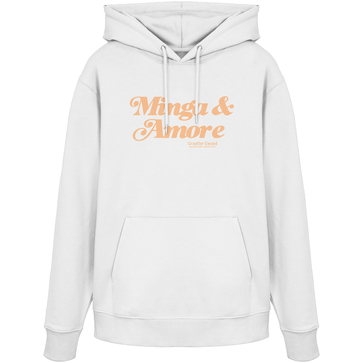 Weißer Unisex Hoodie von Grantler Gwand mit apricotfarbenem Frontprint „Minga &amp; Amore“ im Retro-Schriftzug – bayerischer Streetwear Hoodie für Alltag, Biergarten und München.