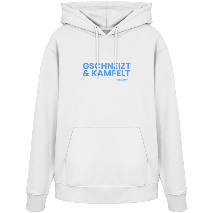 Weißer Unisex-Hoodie mit blauem Frontprint „Gschneizt &amp; Kampelt“. Moderner bayerischer Hoodie mit Dialekt-Motiv für Volksfest, Biergarten und Alltag. Hochwertig verarbeitet, designed und bedruckt in Bayern von Grantler Gwand.