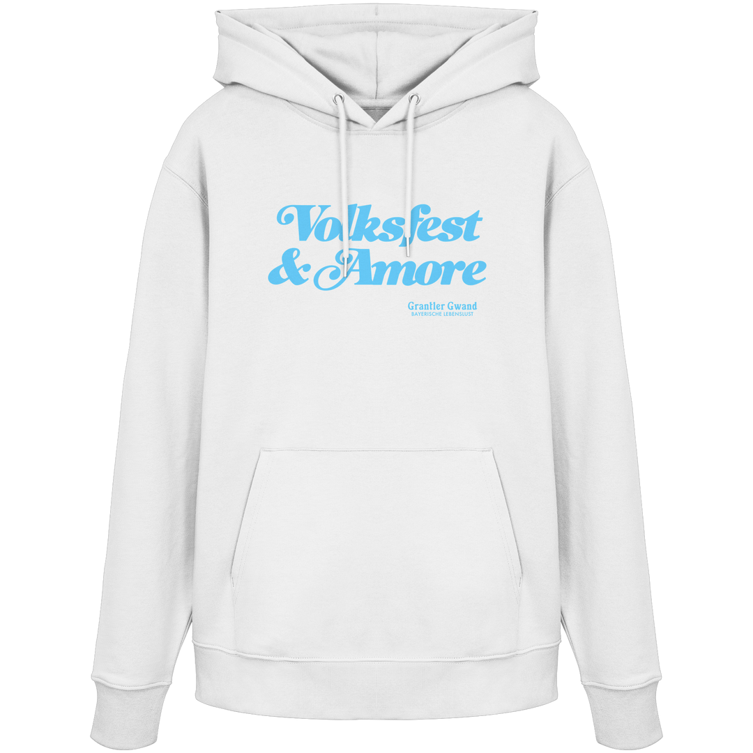 Weißer Unisex-Hoodie mit blauem Frontprint „Volksfest & Amore“. Modernes bayerisches Streetwear-Design für Volksfest, Biergarten und Freizeit. Hochwertiger Premium-Hoodie für Damen und Herren, designed und bedruckt in Bayern von Grantler Gwand.
