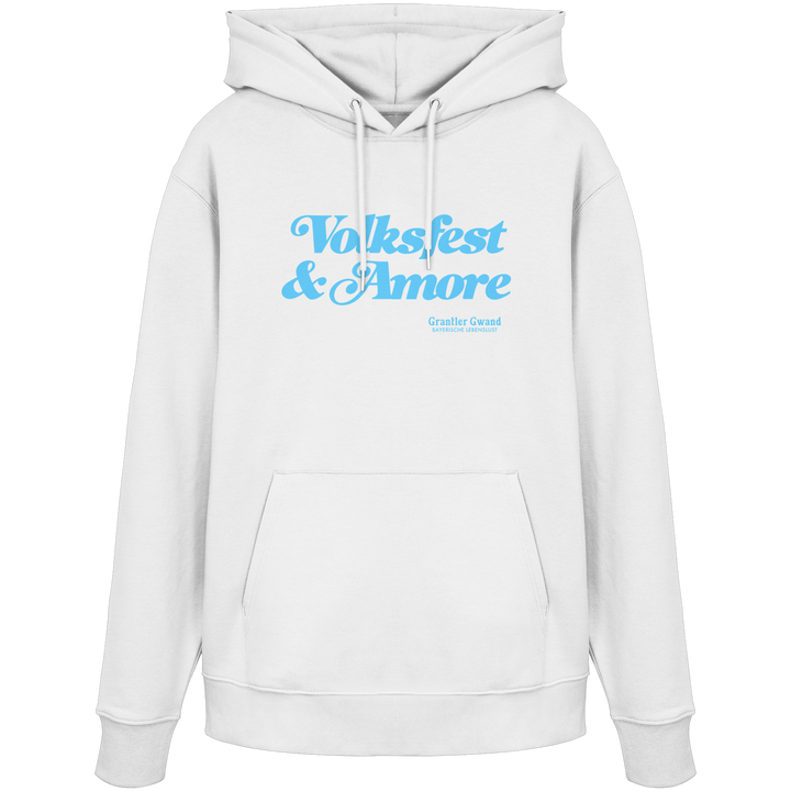 Weißer Unisex-Hoodie mit blauem Frontprint „Volksfest &amp; Amore“. Modernes bayerisches Streetwear-Design für Volksfest, Biergarten und Freizeit. Hochwertiger Premium-Hoodie für Damen und Herren, designed und bedruckt in Bayern von Grantler Gwand.