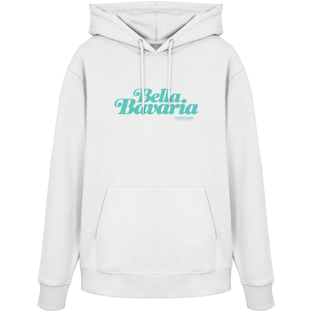 Weißer Unisex Hoodie mit grünem „Bella Bavaria“-Frontprint – bayerische Streetwear von Grantler Gwand im modernen, minimalistischen Design.