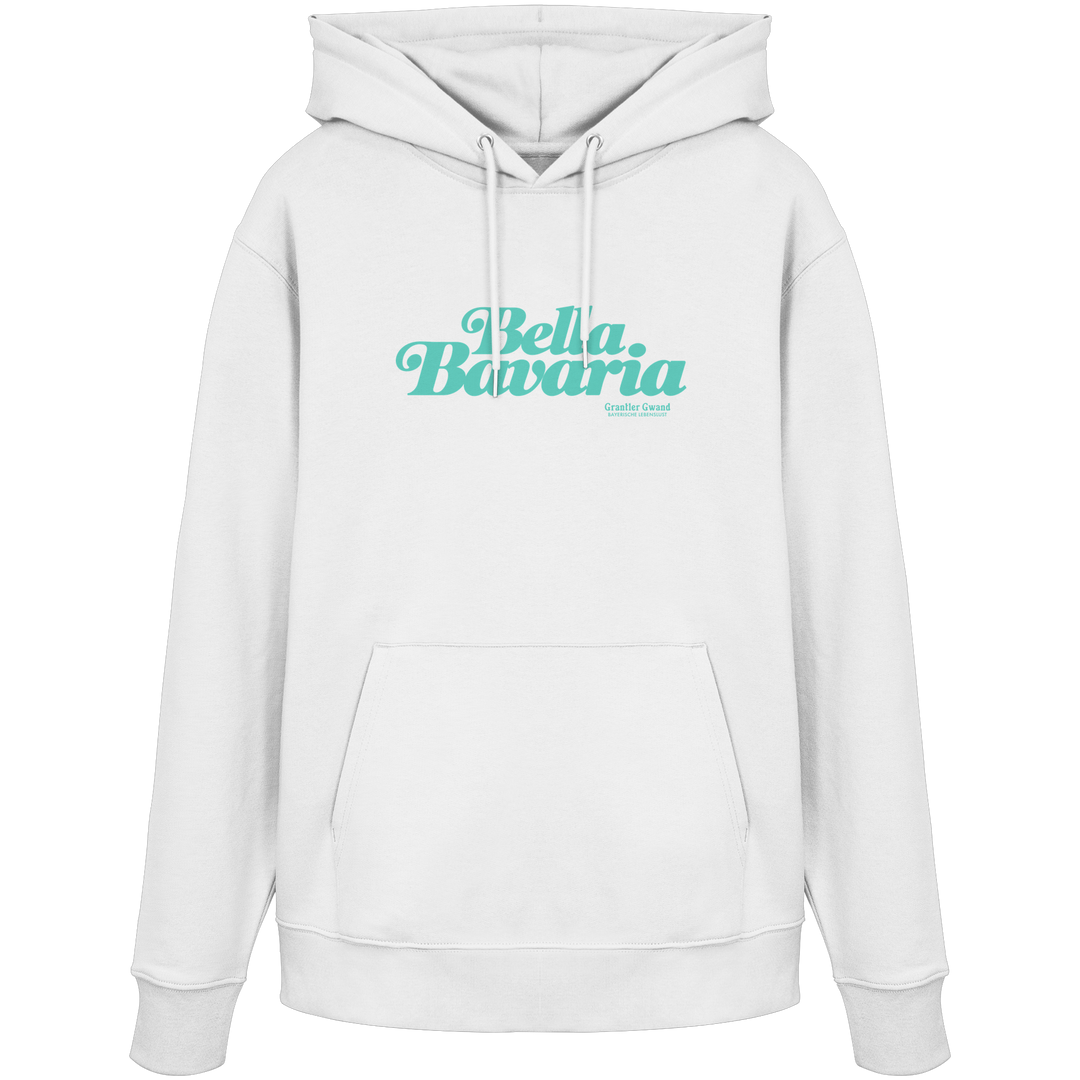 Weißer Unisex Hoodie mit grünem „Bella Bavaria“-Frontprint – bayerische Streetwear von Grantler Gwand im modernen, minimalistischen Design.