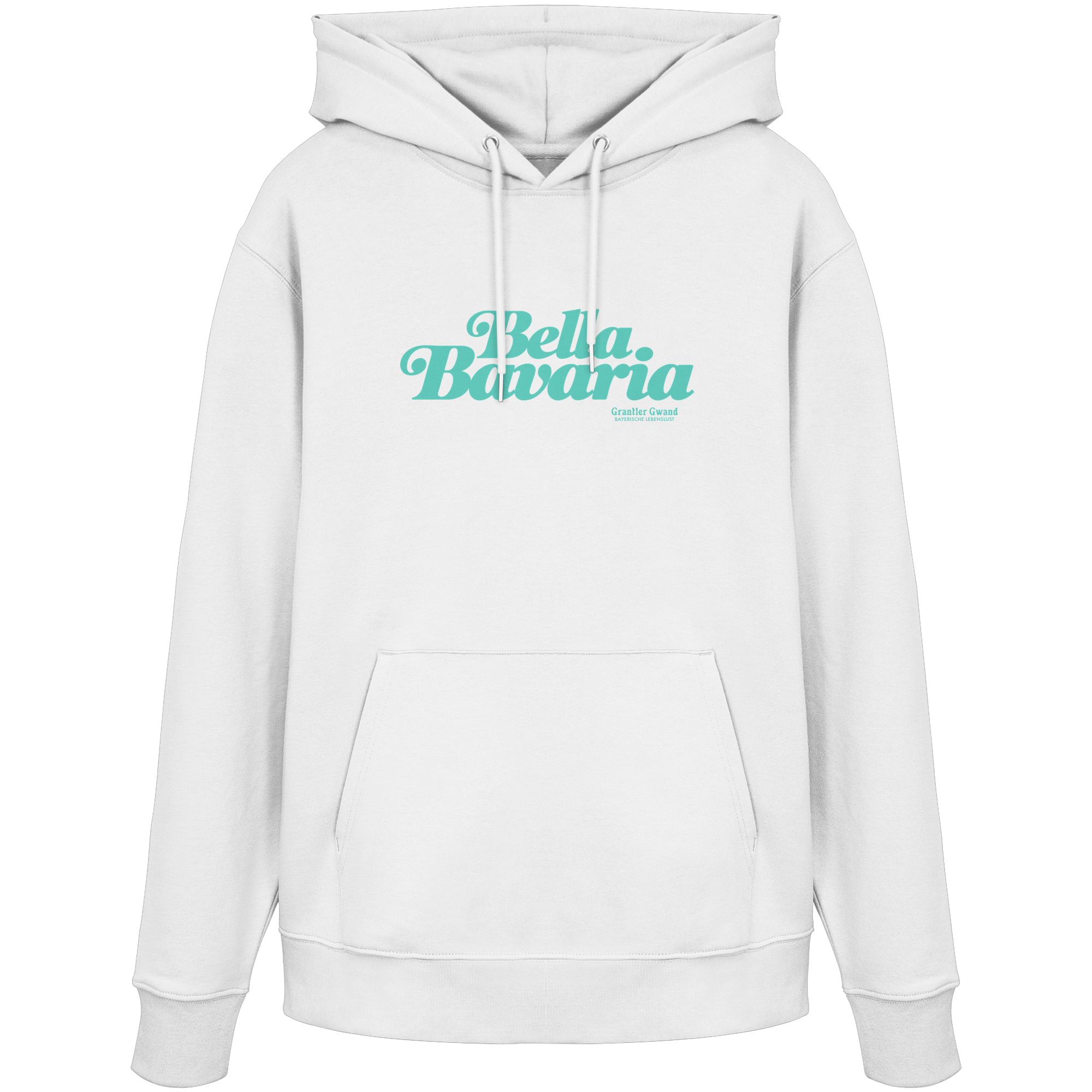 Weißer Unisex Hoodie mit grünem „Bella Bavaria“-Frontprint – bayerische Streetwear von Grantler Gwand im modernen, minimalistischen Design.